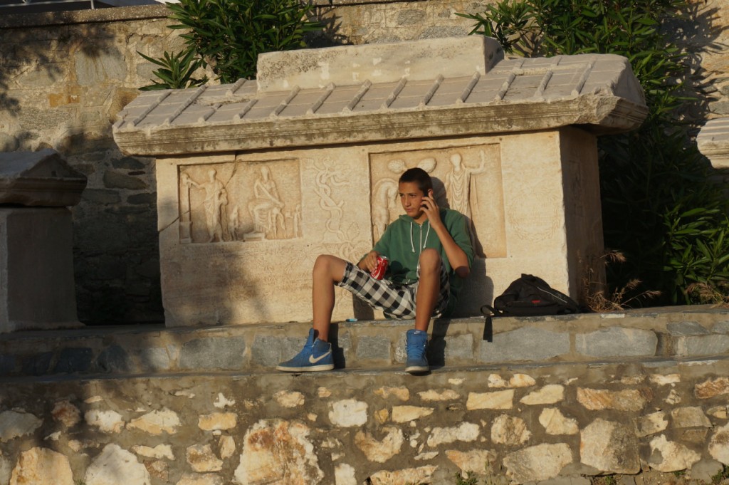 Chilling on the tombstone in Parikia, Paros